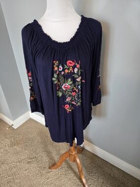 Ruff Hewn Navy Floral Embroidered Peasant Tunic - L